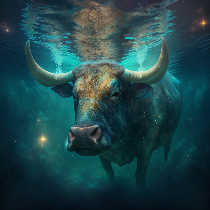 a colorful bull under water